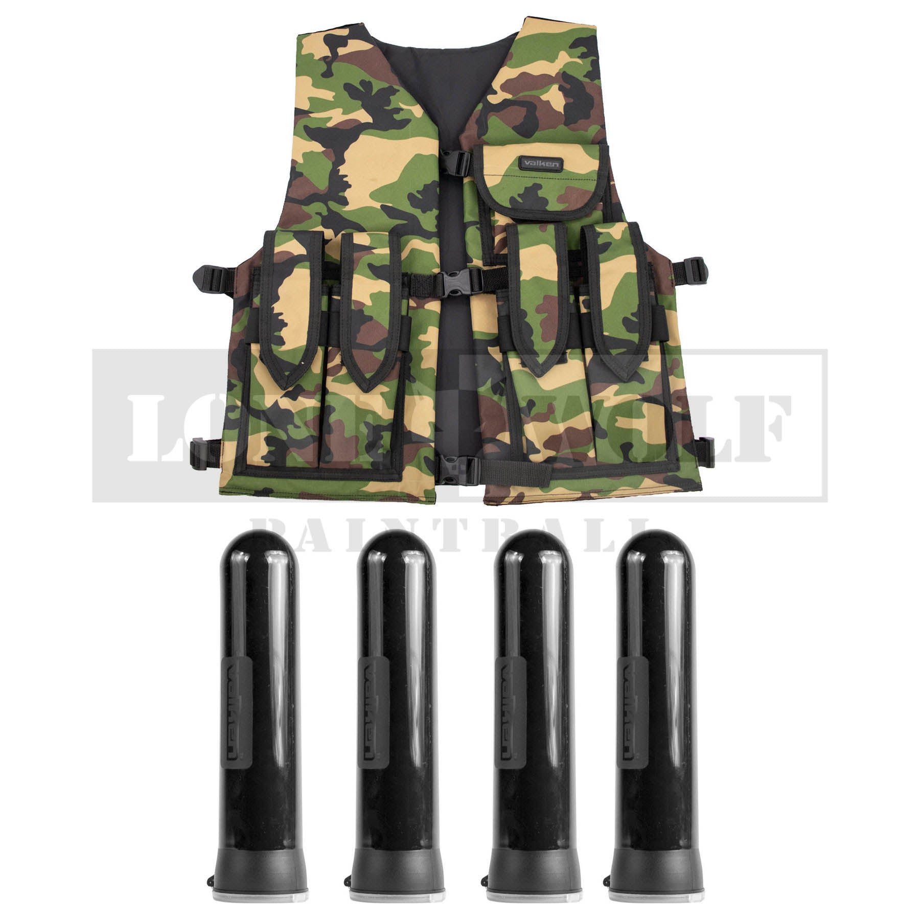 Valken Bravo Tactical Padded Vest - Woodland Camo w/ 4 Valken 140 Round Black Pods